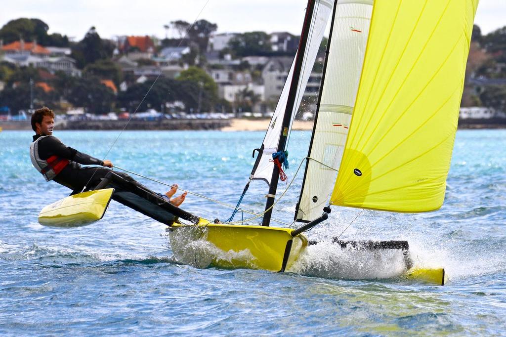 Ben straight leg hiking the Weta - next stage is to slump hike off the windward hull. © Richard Gladwell www.photosport.co.nz